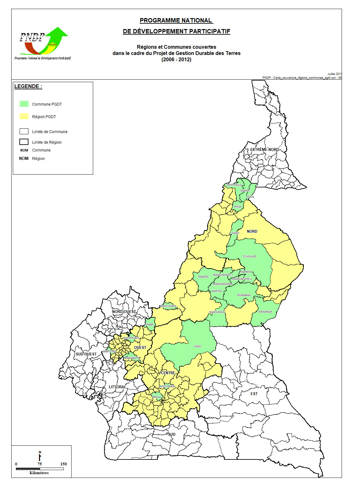 Régions et Communes couvertes dans le cadre du Projet de Gestion Durable des Terres (2006 - 2012)