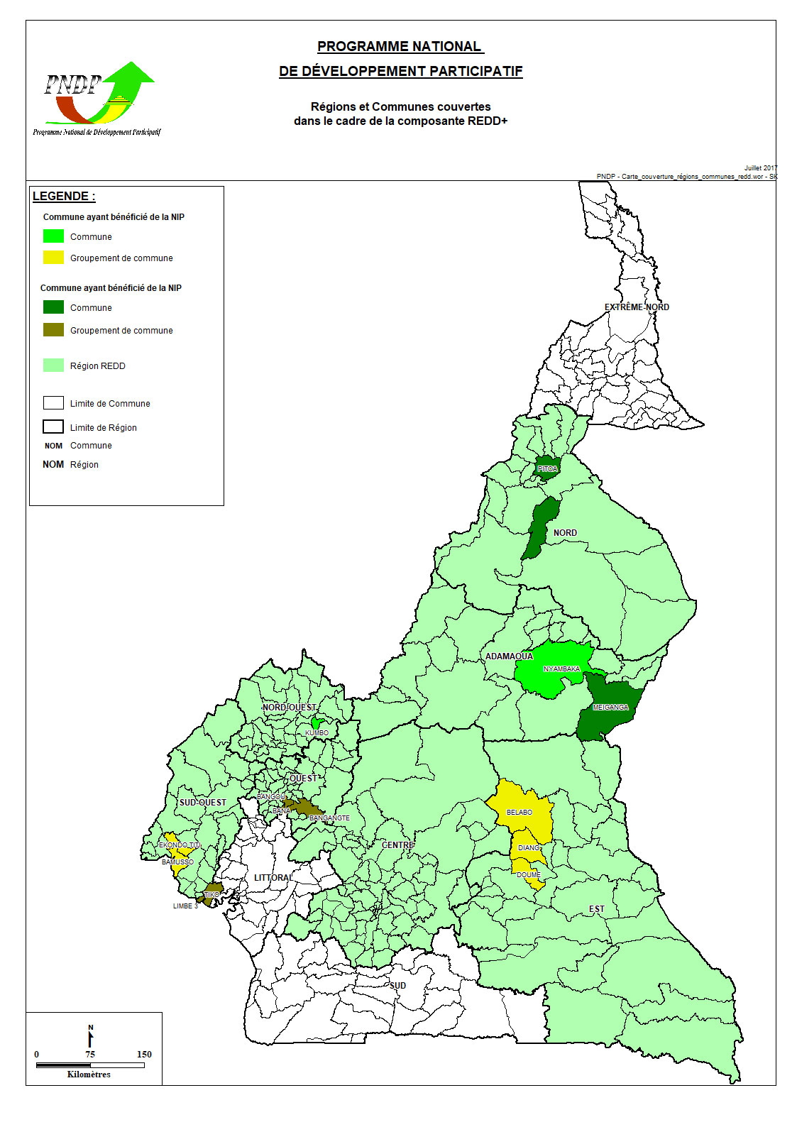Régions et Communes couvertes dans le cadre de la composante REDD+